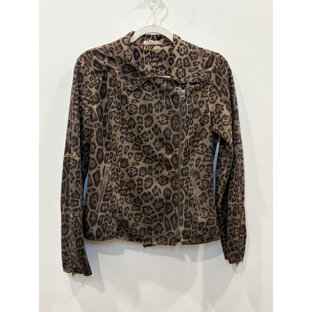 Mystree Women's Animal Leopard Print Asymmetrical Zip Moto Jacket Sz S Workwear